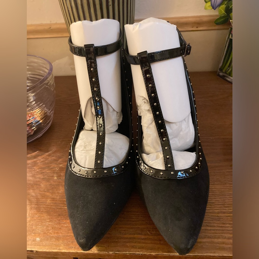 Black Suede T strap pointed toe studded heels